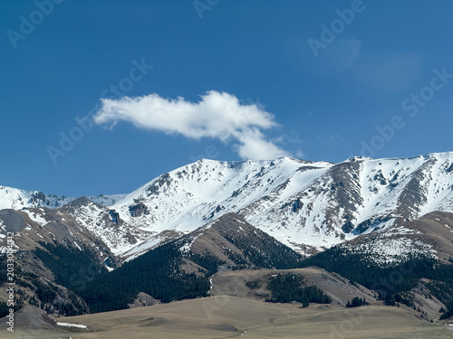 Majestic snow-capped Altai Mountains under a bright blue sky with clouds in Xinjiang, China.