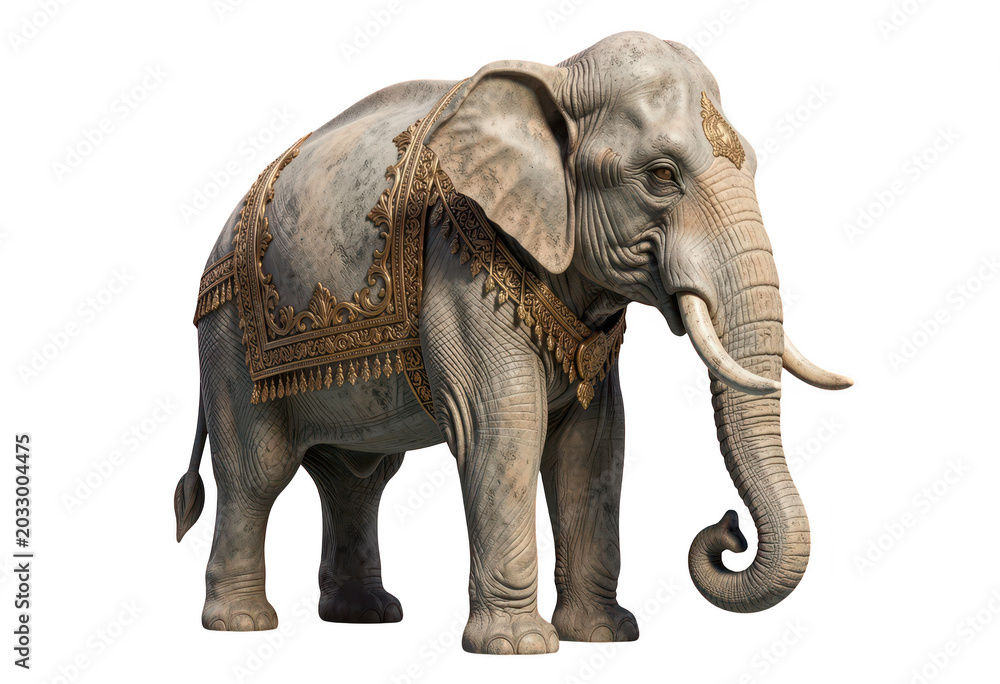Fototapeta premium Ornate Elephant Wearing Decorative Golden Saddle Isolated on Transparent Background