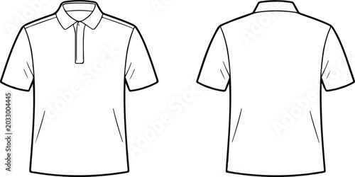 Short‑sleeve polo shirt vector illustration showing front and back technical flat sketch for fashion and apparel projects
