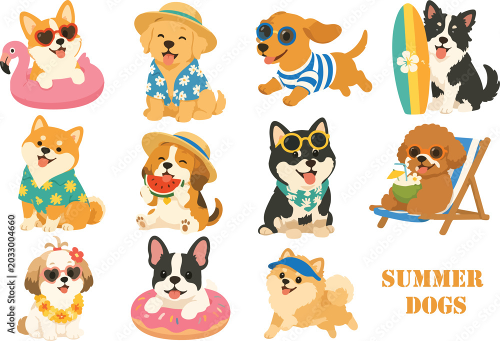 Obraz premium Cute Summer Dogs Collection Illustration, vector, and cartoon with Beach Vacation Theme