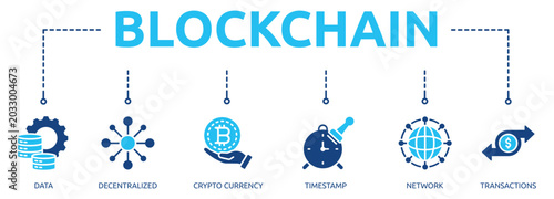 blockchain glyph banner icon of data, decentralized, crypto currency, timestamp, network, transactions