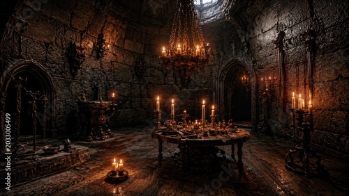 An inside hall of a Transylvanian vampire castle from Victorian times. A table in the living room with chairs and candles in Transylvania. 3D illustration of Halloween for horror theme backgrounds.