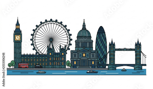Konstfotografi London Skyline Silhouette Vector with Big Ben Tower Bridge and London Eye