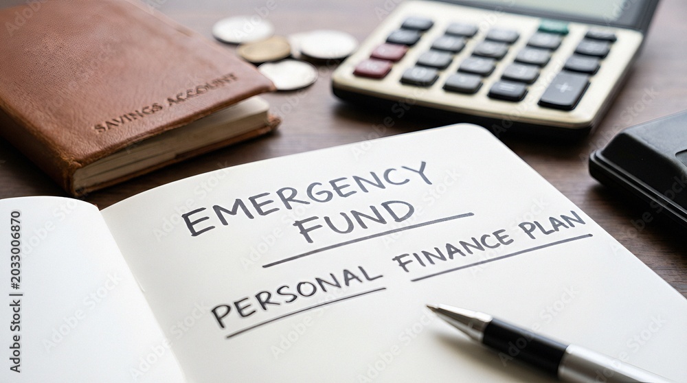 Obraz premium Close-up of emergency fund and personal finances documents displayed with calculator and wallet