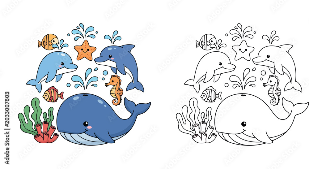Obraz premium Cute Cartoon Sea Animals Illustration Featuring a Large Whale, Dolphins, Starfish, Seahorse
