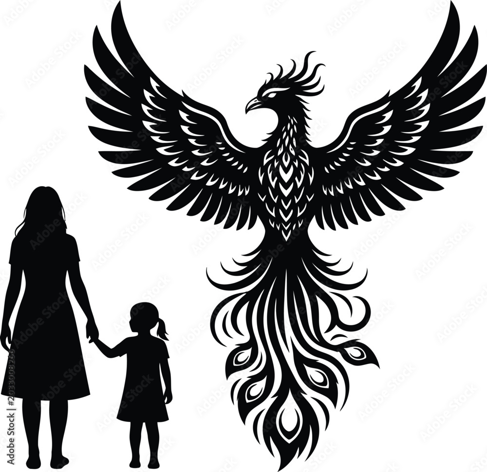 Fototapeta premium Woman and Girl Holding Hands with Phoenix Rising