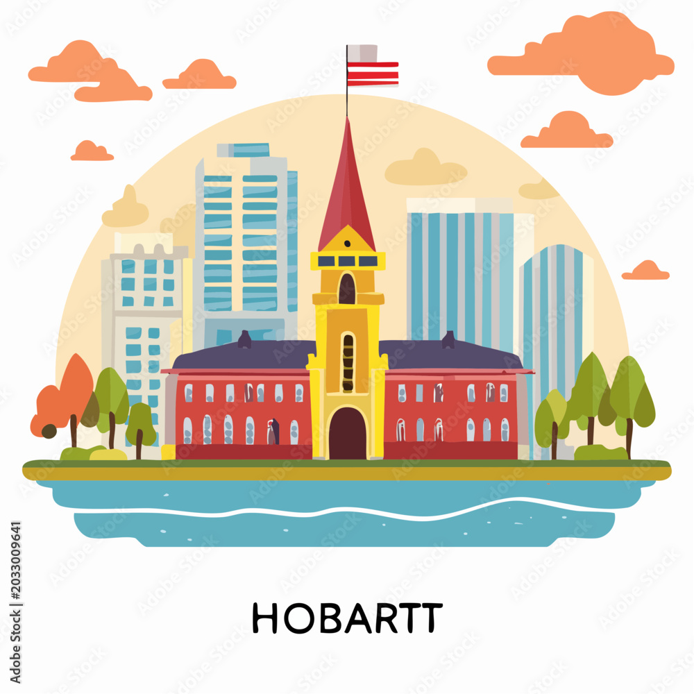 Fototapeta premium Historic red building with clock tower and American flag in cityscape on water