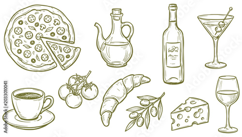 Photos Italian food and drink set naive sketch vector illustration
 set of hand drawn i
