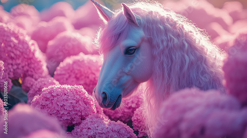 Majestic ethereal unicorn with flowing mane stands gracefully amidst dreamy landscape of vibrant pink hydrangea flowers in soft glowing natural sunlight, magical fantasy art.