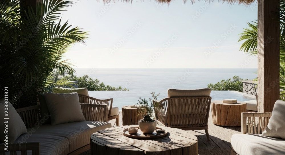 Fototapeta premium Photo-realistic Luxury Outdoor Lounge Area on Tropical Patio with Ocean View for Travel Hospitality