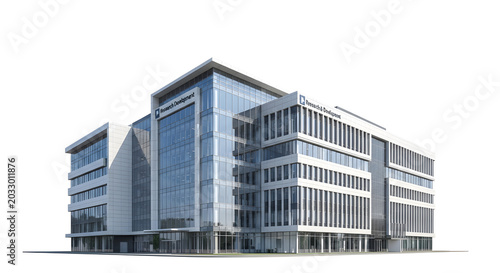 A modern glass office building stands prominently in a cityscape environment
