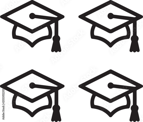 Four identical graduation cap with tassels on a clean white background, for academic themes