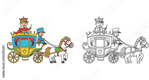 Foto Cute Cartoon Prince in a Royal Carriage Pulled by a White Horse