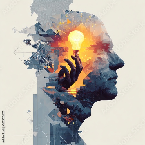 An abstract representation of creativity and inspiration, showcasing a light bulb emerging from a human silhouette.