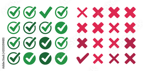 Check mark icons and cross symbols set for vote choice or success status in green and red colors on background.