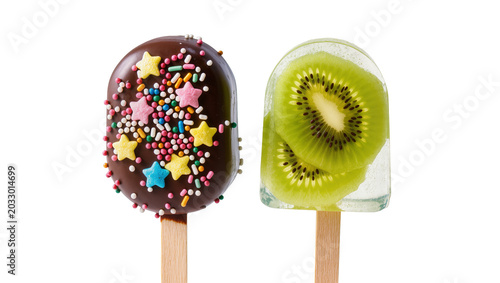 Chocolate popsicle with sprinkles and kiwi popsicle