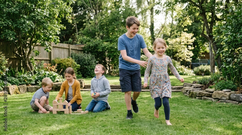 Fototapeta premium Happy Children Playing Together on Green Lawn in Sunny Backyard Garden