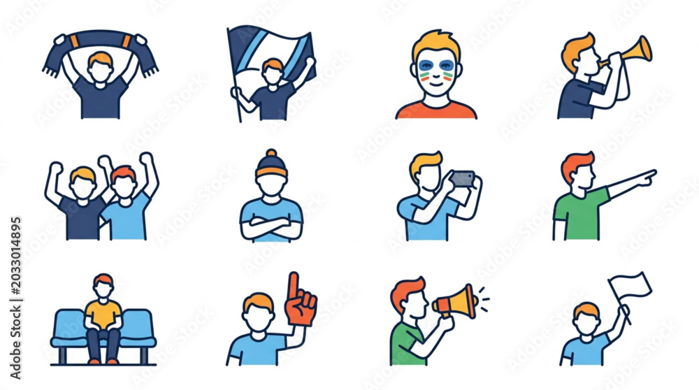 Fototapeta premium Sports Fans Icons: Cheering, Waving Flags, Megaphone, Foam Finger, Watching Game