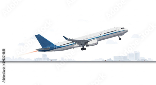 Bilde på lerret Passenger airplane taking off into the sky with city skyline in background