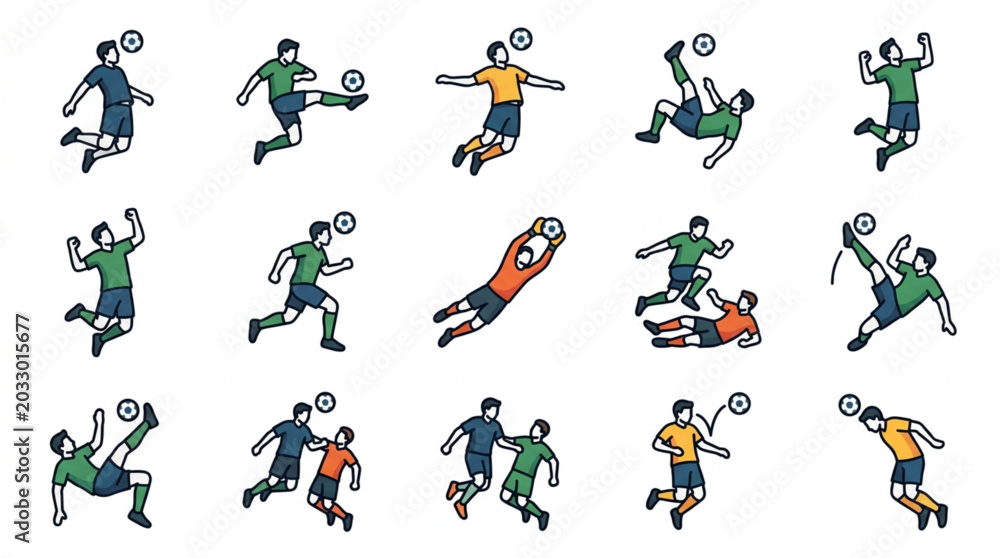 Fototapeta premium Soccer Players Action Icons Set: Kicking, Jumping, Goalie Save, Dribbling, Header