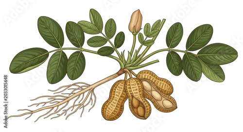 Tableau sur toile Peanut plant with roots and pods illustration.