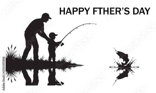 Happy Father's Day fishing father and son silhouette with jumping fish