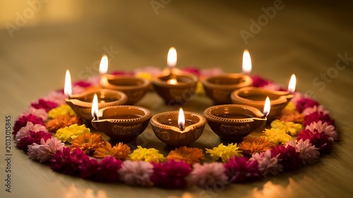 Traditional Diwali Diyas Lit with Colorful Flower Petals Arrangement.