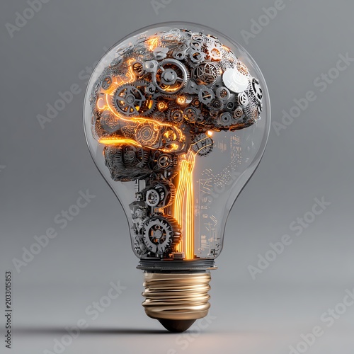 An artistic representation of a lightbulb integrated with gears, symbolizing creativity and innovation.