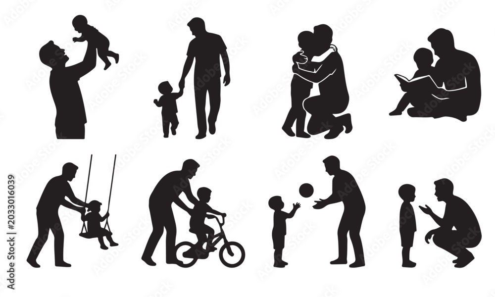 Obraz premium Father and child silhouette set with reading bike and swing activities