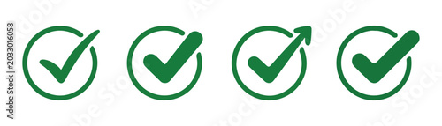 Green check mark icons in circles vector set isolated on transparent background for success and vote symbols.