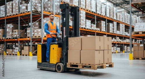 Warehouse Logistics: Male Worker Operating Electric Forklift with Cardboard Boxes in Modern Facility Photo