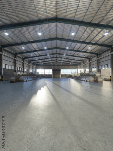3D rendering of industrial warehouse featuring high ceilings, exposed metal beams and smooth concrete floors. Organized rows of steel roll raw materials. Ideal for warehouse management, steel producti
