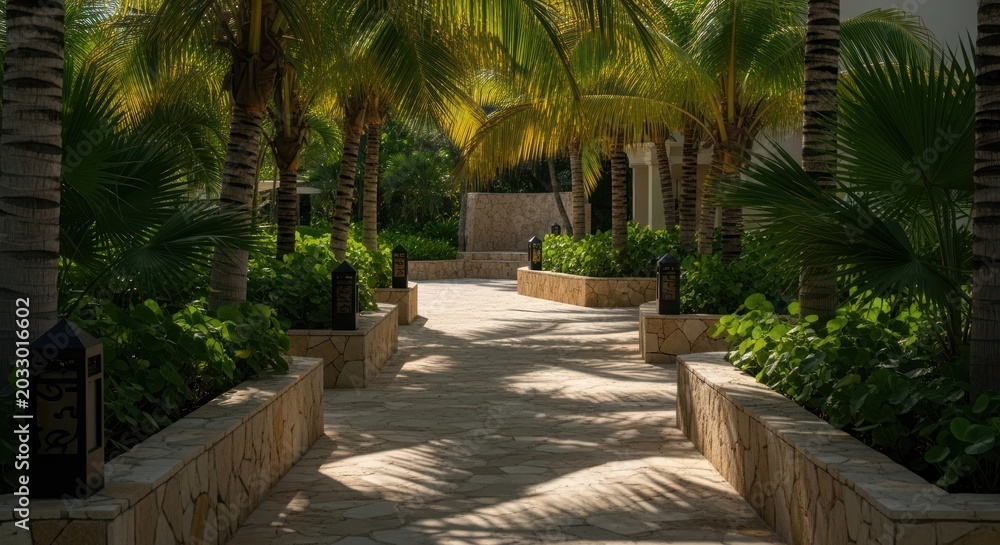 Fototapeta premium Photo-realistic Tropical Resort Pathway Lined with Palm Trees and Greenery for Luxury Travel and Relaxation