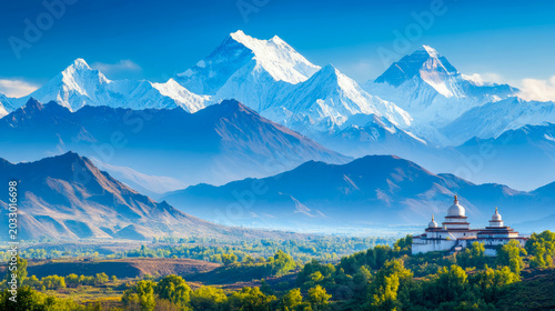 Breathtaking panoramic view of serene Buddhist monastery nestled in lush green valley beneath majestic, snow-capped peaks of Himalayan mountain range under clear blue sky.