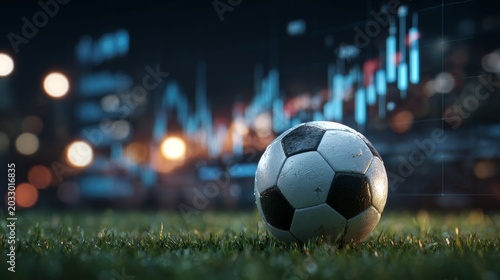 Soccer ball on grass field with financial graph overlay