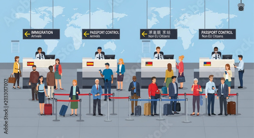 Quadro su tela People queuing at airport check-in counters with luggage.