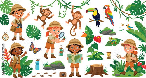 Canvas Print Cute Cartoon Safari Jungle Explorer Kids Vector Illustration Set with Children S