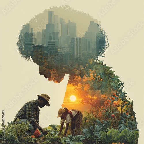 A serene blend of urban landscape and agricultural life depicting harmony between nature and city.