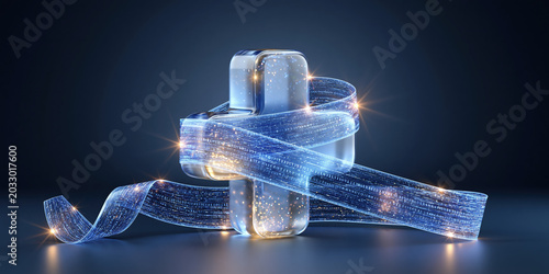 Medical technology holographic ribbon wrapping futuristic capsule glowing data stream