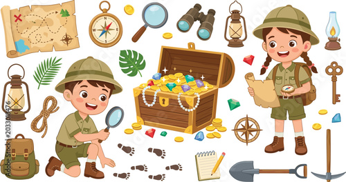 Cute Cartoon Safari Explorer Kids and Treasure Hunt Vector Illustration Set with Boy Girl Map Compass Chest Gold Coins and Adventure Equipment Elements