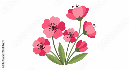 Pink and red flowers with green leaves on a white background