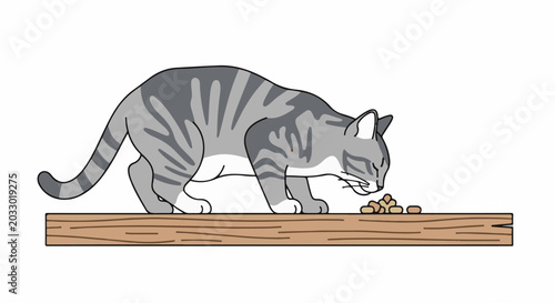 Striped cat cautiously sniffing food on a wooden plank