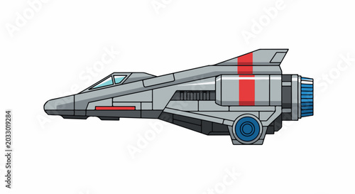 Pixelated sci-fi fighter jet with red stripe accents and blue engine