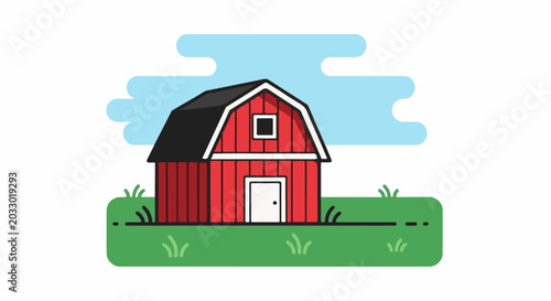 A simple red barn sits on green grass under a blue sky