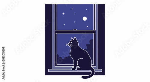 Silhouette of a black cat sits on windowsill, gazing at starry night