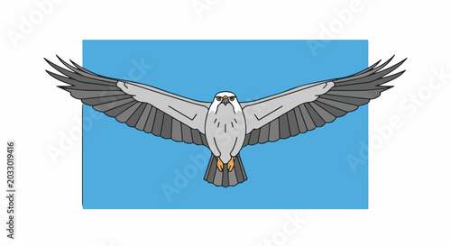 A detailed illustration of a bird of prey with outstretched wings against a blue sky