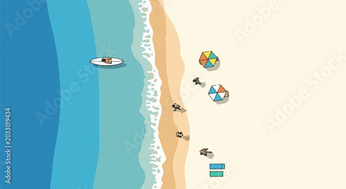 Bird's-eye view of a serene beach scene with people, umbrellas, and a surfer