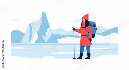 Person in red coat with backpack and poles on icy mountain landscape