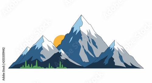 Snowy peaks rise against a warm sunrise, with lush green trees below