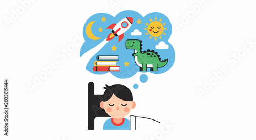 Child dreaming of a dinosaur, rocket, books, moon, sun and stars